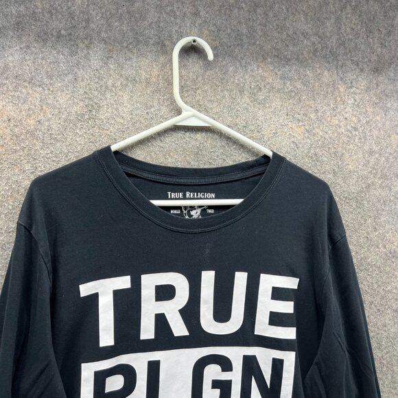 True Religion Shirt Mens XL Black Tee Crewneck Spell Out Print Extra Large Y2K - Picture 8 of 10